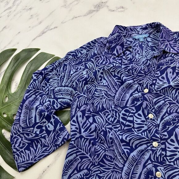 Blue Ginger Womens Button Up Blouse Top Size S Purple Tropical Leaf Floral - Picture 4 of 12